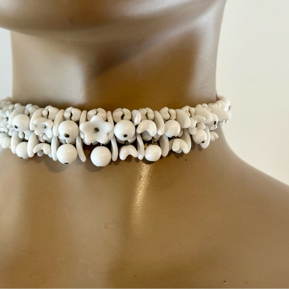 Vintage White Pressed Glass Bead Choker Necklace with Flower and Ball Beads